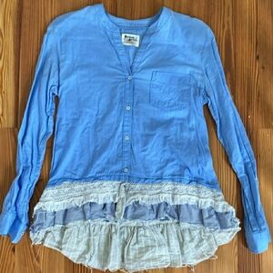 HOLDING HORSES Blue Button Down Shirt with Ruffle Hem